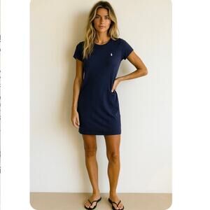Ralph Lauren Navy Crew Neck Polo Logo Tee Shirt Dress  Classic Heritage Preppy